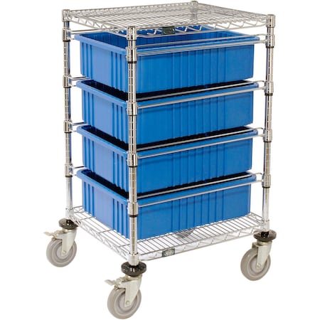 Global Industrial Chrome Wire Cart With 4 6inH Blue Grid Containers 21x24x40 269027BL